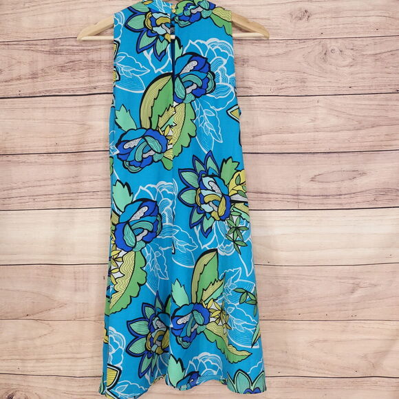 NWT KAARI BLUE TURQUOIS FLORAL STENCIL LEAVES SLEEVELESS FLORAL DRESS WOMENS XS - Picture 4 of 9